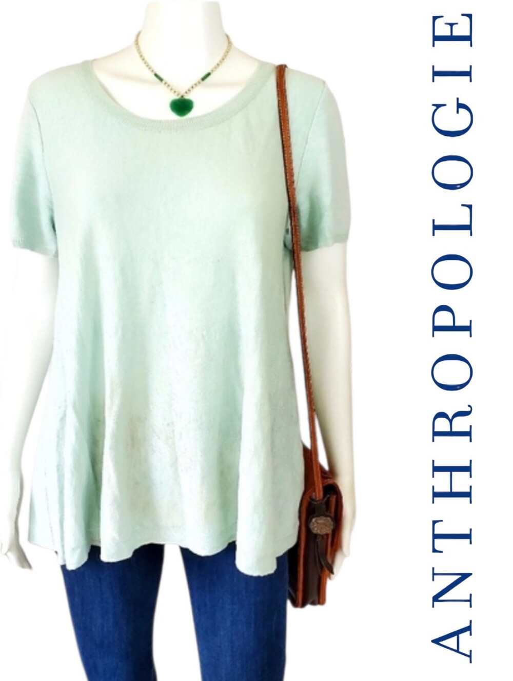 ANTHROPOLOGIE MOTH Mint Green Soft Knit Button Back Short-Sleeved Swing Top MED